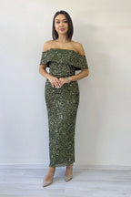 Kadın Haki Madonna Yaka Pul İşlemeli Kalem Midi Boy Abiye Elbise