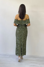 Kadın Haki Madonna Yaka Pul İşlemeli Kalem Midi Boy Abiye Elbise