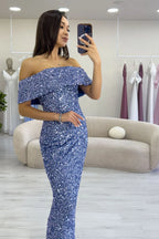 Kadın Koyu Lila Madonna Yaka Pul İşlemeli Kalem Midi Boy Abiye Elbise