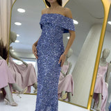 Kadın Koyu Lila Madonna Yaka Pul İşlemeli Kalem Midi Boy Abiye Elbise