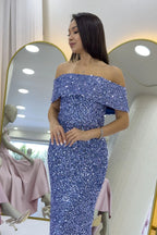 Kadın Koyu Lila Madonna Yaka Pul İşlemeli Kalem Midi Boy Abiye Elbise