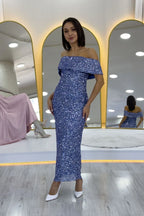 Kadın Koyu Lila Madonna Yaka Pul İşlemeli Kalem Midi Boy Abiye Elbise