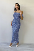 Kadın Koyu Lila Madonna Yaka Pul İşlemeli Kalem Midi Boy Abiye Elbise