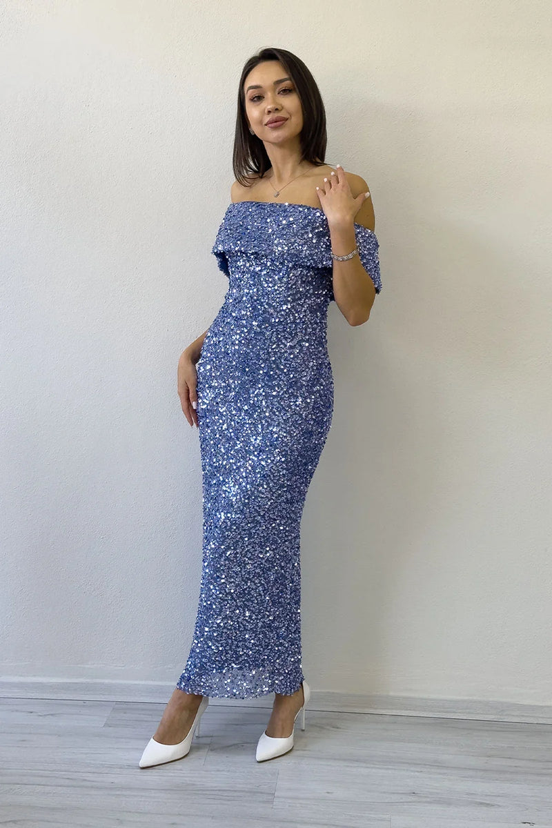 Kadın Koyu Lila Madonna Yaka Pul İşlemeli Kalem Midi Boy Abiye Elbise