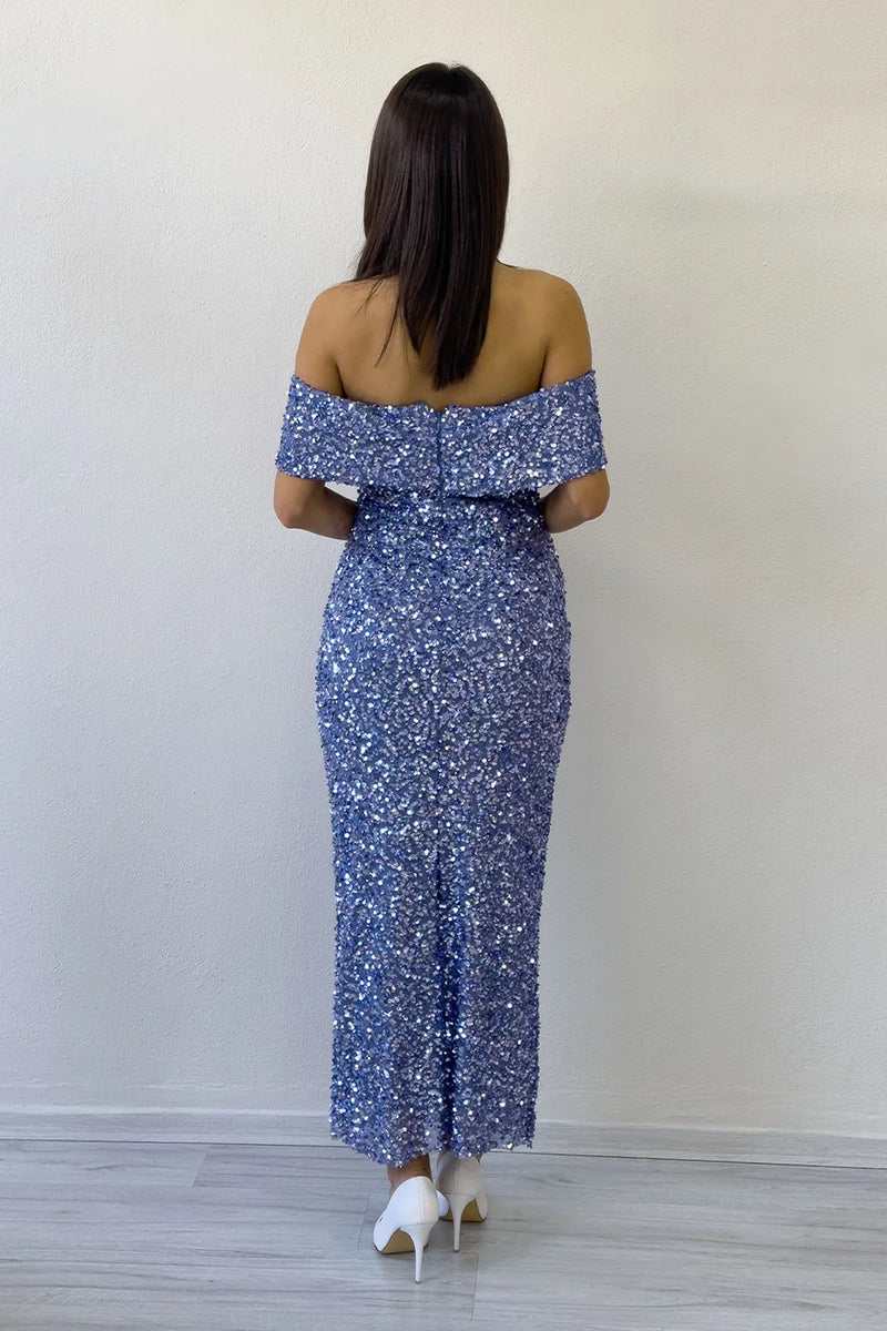 Kadın Koyu Lila Madonna Yaka Pul İşlemeli Kalem Midi Boy Abiye Elbise