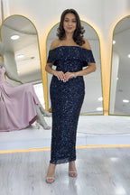 Kadın Lacivert Madonna Yaka Pul İşlemeli Kalem Midi Boy Abiye Elbise 