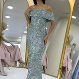 Kadın Su Yeşili Madonna Yaka Pul İşlemeli Kalem Midi Boy Abiye Elbise