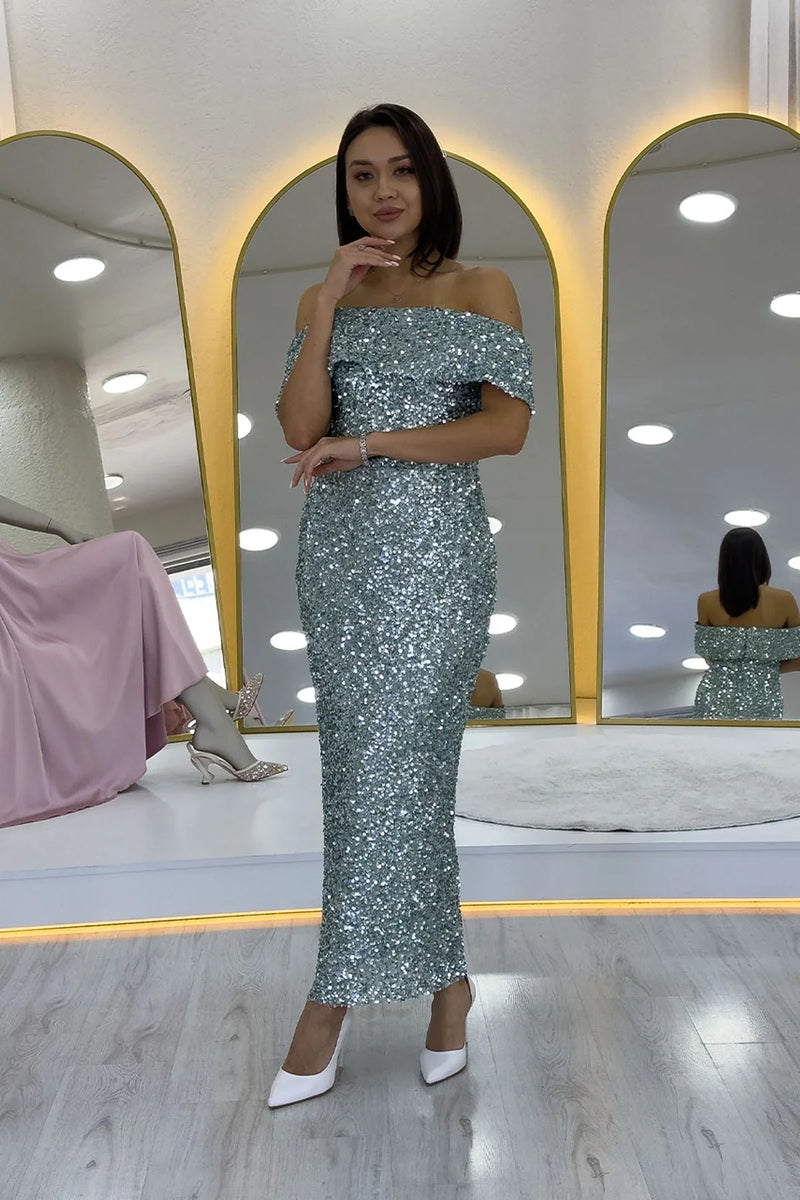 Kadın Su Yeşili Madonna Yaka Pul İşlemeli Kalem Midi Boy Abiye Elbise