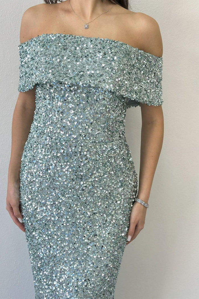 Kadın Su Yeşili Madonna Yaka Pul İşlemeli Kalem Midi Boy Abiye Elbise