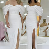 Beyaz Kayık Yaka Boncuk Detay Yırtmaçlı  Nikah Abiye  Elbise