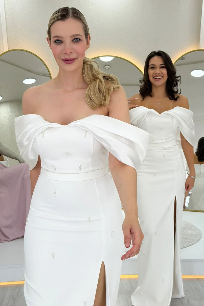 Beyaz Kayık Yaka Boncuk Detay Yırtmaçlı  Nikah Abiye  Elbise 