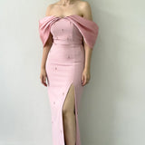 Pudra Kayık Yaka Boncuk Detay Yırtmaçlı Abiye Elbise