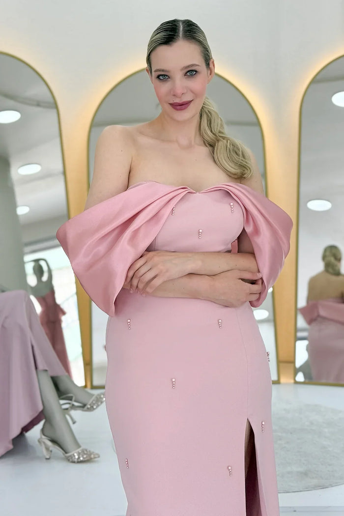 Pudra Kayık Yaka Boncuk Detay Yırtmaçlı Abiye Elbise