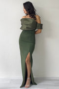 Haki Drape Yaka Düşük Kol Yırtmaçlı Uzun Abiye Elbise