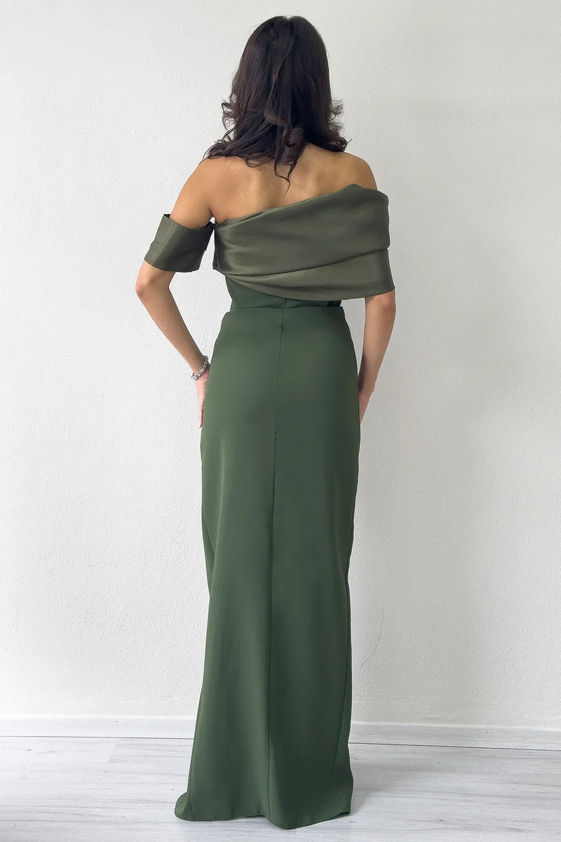 Haki Drape Yaka Düşük Kol Yırtmaçlı Uzun Nikah Abiye Elbise