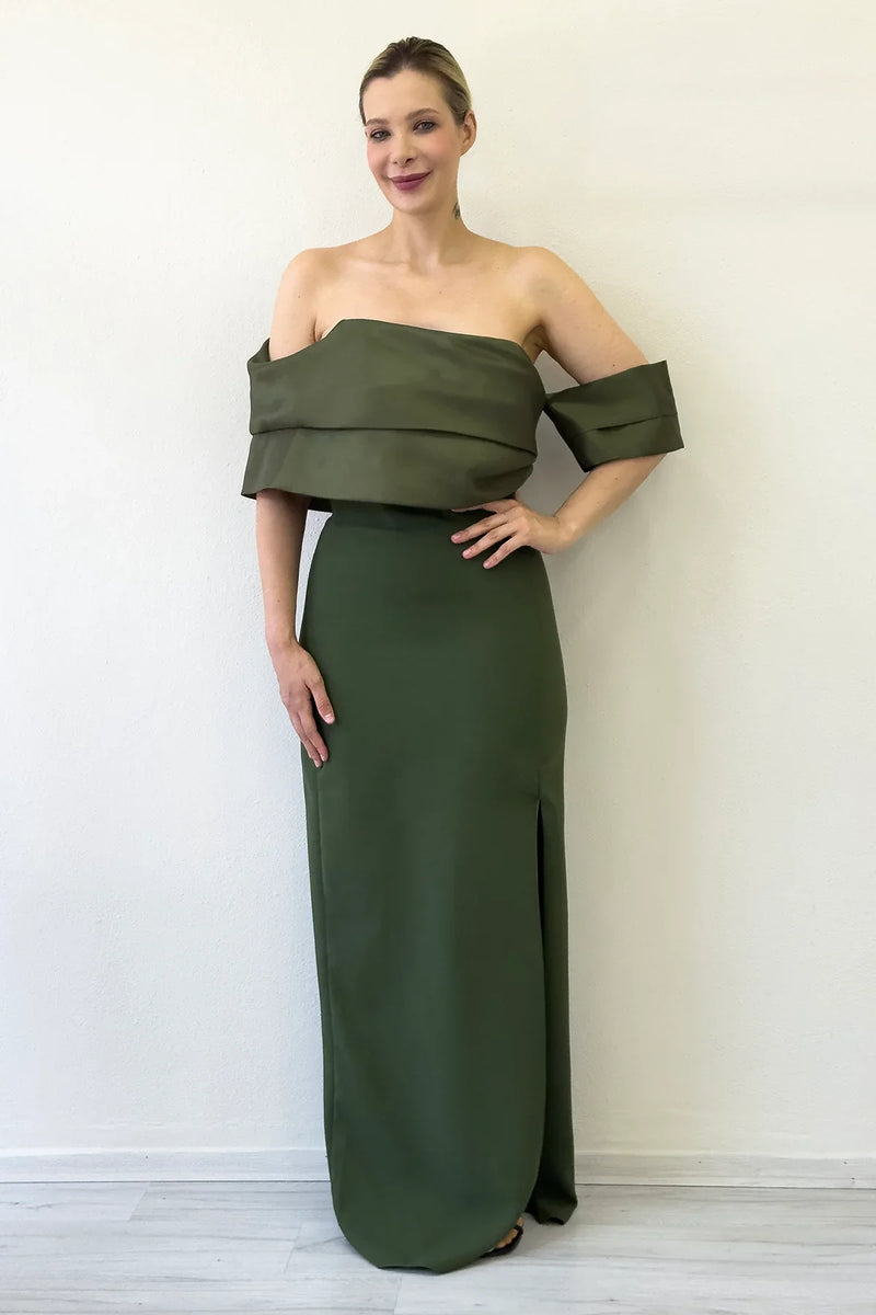 Haki Drape Yaka Düşük Kol Yırtmaçlı Uzun Nikah Abiye Elbise