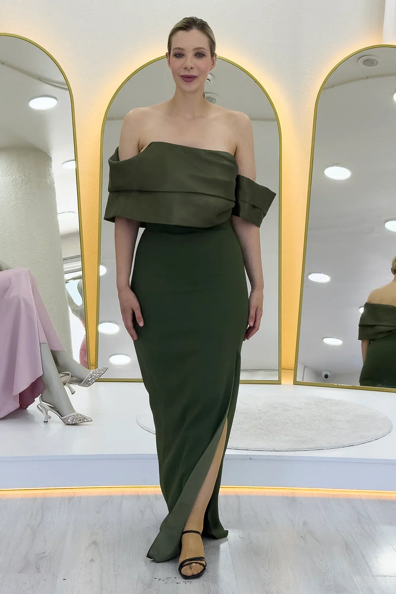 Haki Drape Yaka Düşük Kol Yırtmaçlı Uzun Nikah Abiye Elbise