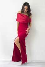 Kırmızı Drape Yaka Düşük Kol Yırtmaçlı Uzun Abiye Elbise