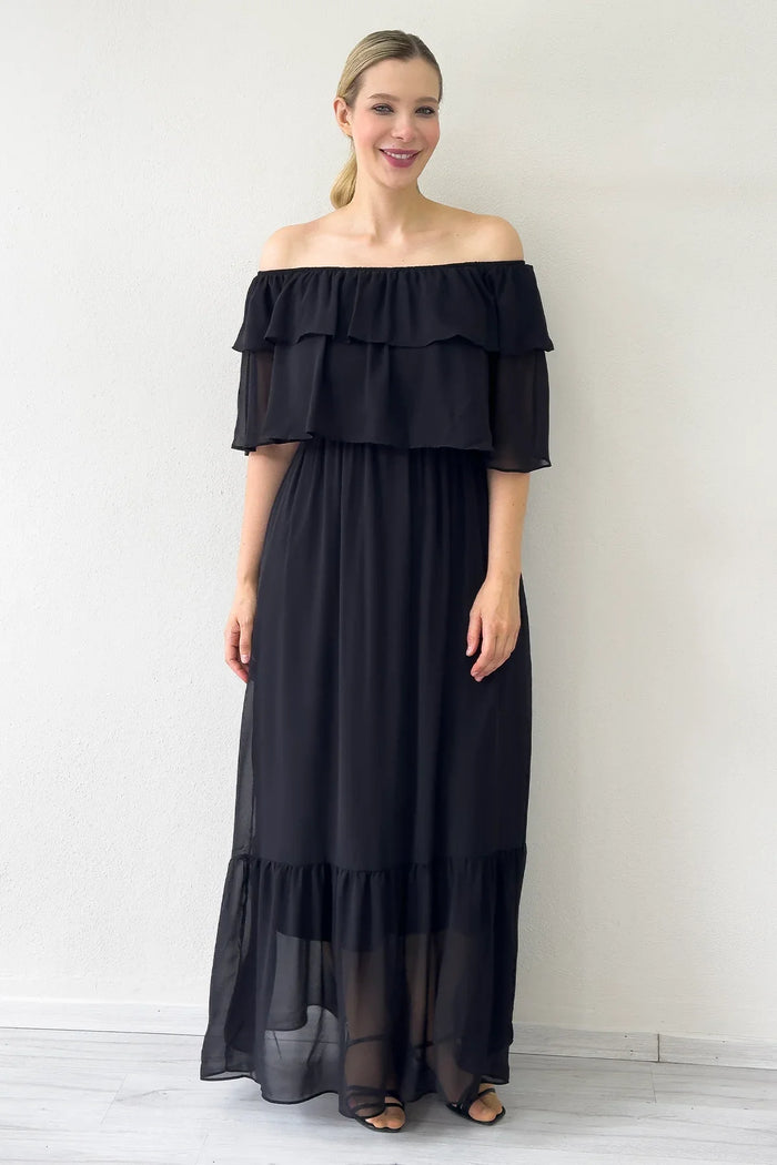 Siyah Carmen Yaka Volanlı Büyük Beden Uzun  Şifon Elbise 