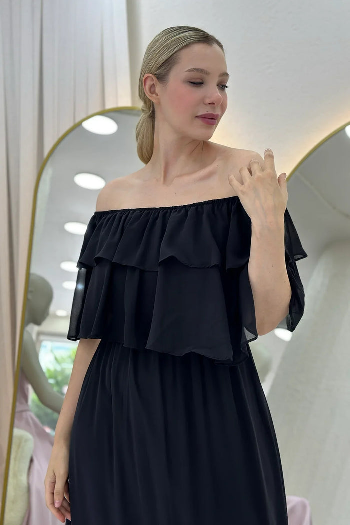 Siyah Carmen Yaka Volanlı Büyük Beden Uzun  Şifon Elbise 