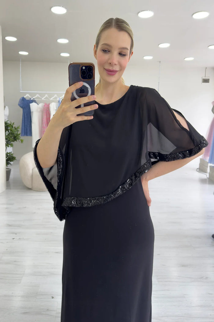 Siyah Büyük Beden Şifon Pelerinli Kol Detaylı Abiye Elbise 