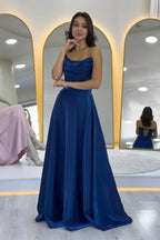 Lacivert Straplez Korse Detaylı Boncuklu Sırt Dekolteli Abiye Elbise 