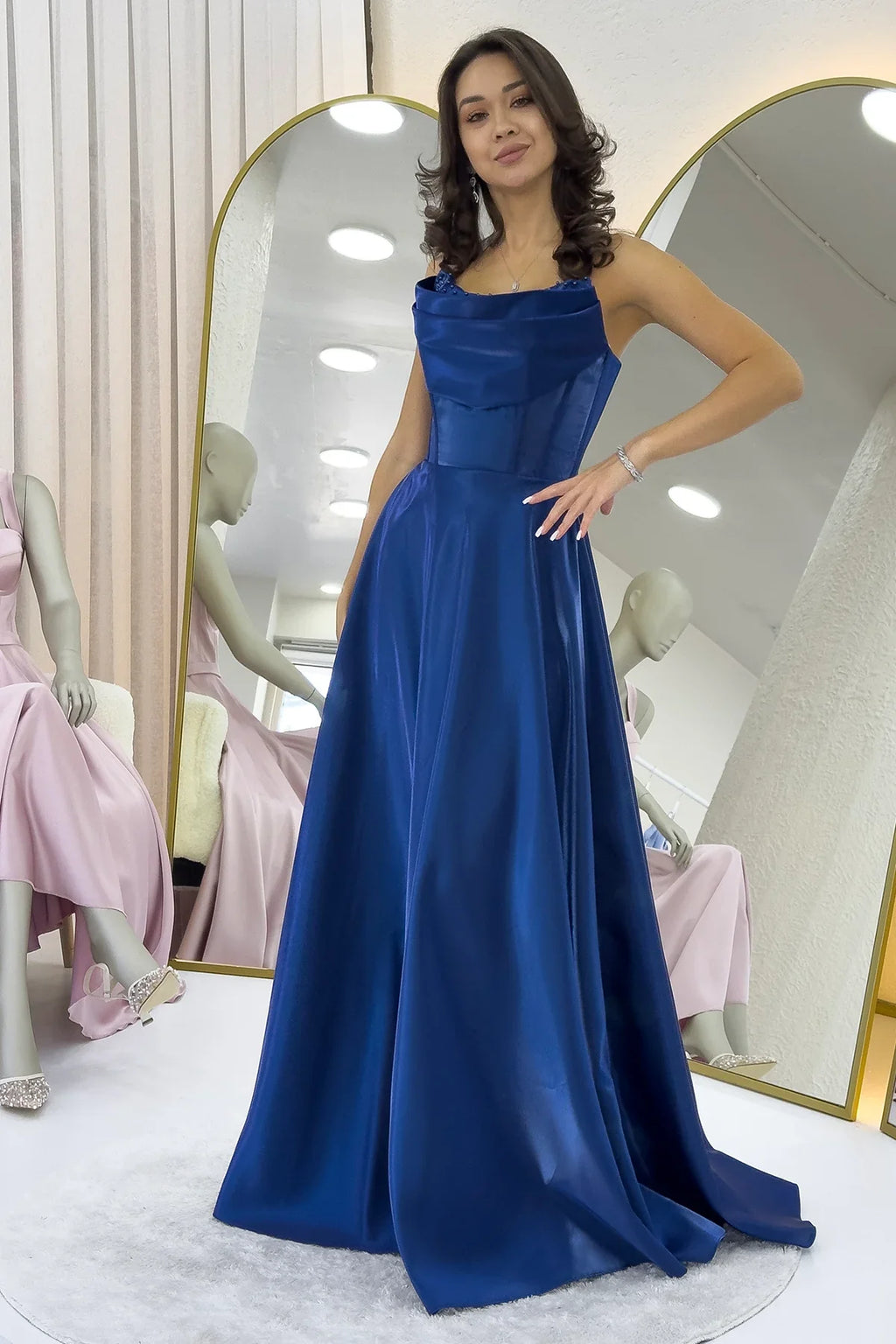 Lacivert Straplez Korse Detaylı Boncuklu Sırt Dekolteli Abiye Elbise 