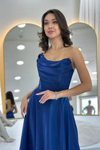 Lacivert Straplez Korse Detaylı Boncuklu Sırt Dekolteli Abiye Elbise 