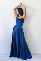 Lacivert Straplez Korse Detaylı Boncuklu Sırt Dekolteli Abiye Elbise 