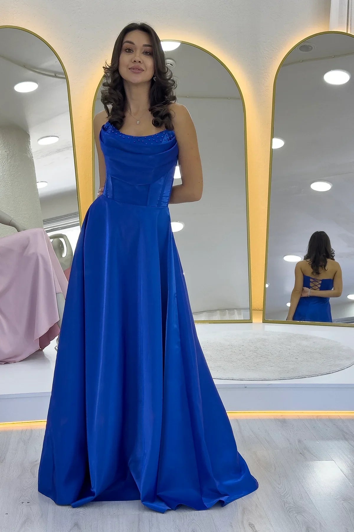 Saks Mavi Straplez Korse Detaylı Boncuklu Sırt Dekolteli Abiye Elbise