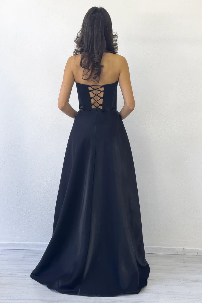 Siyah Straplez Korse Detaylı Boncuklu Sırt Dekolteli Abiye Elbise