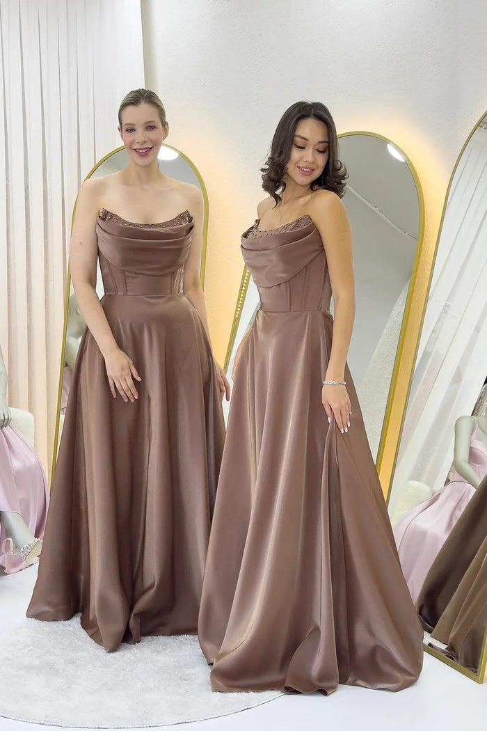 Taba Straplez Korse Detaylı Boncuklu Sırt Dekolteli Abiye Elbise