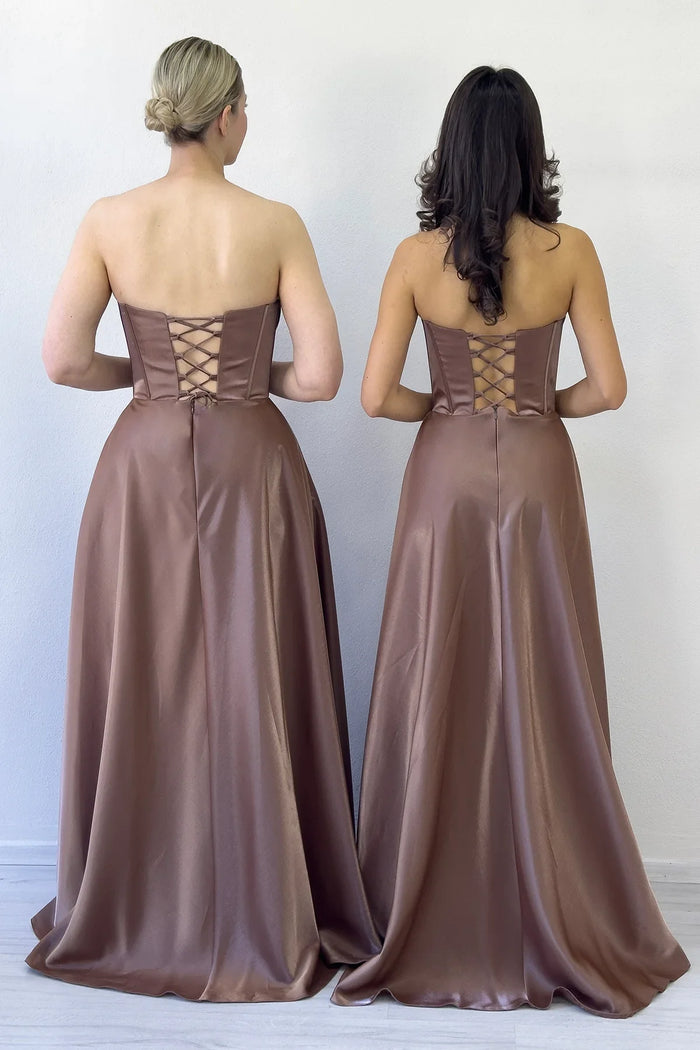 Taba Straplez Korse Detaylı Boncuklu Sırt Dekolteli Abiye Elbise