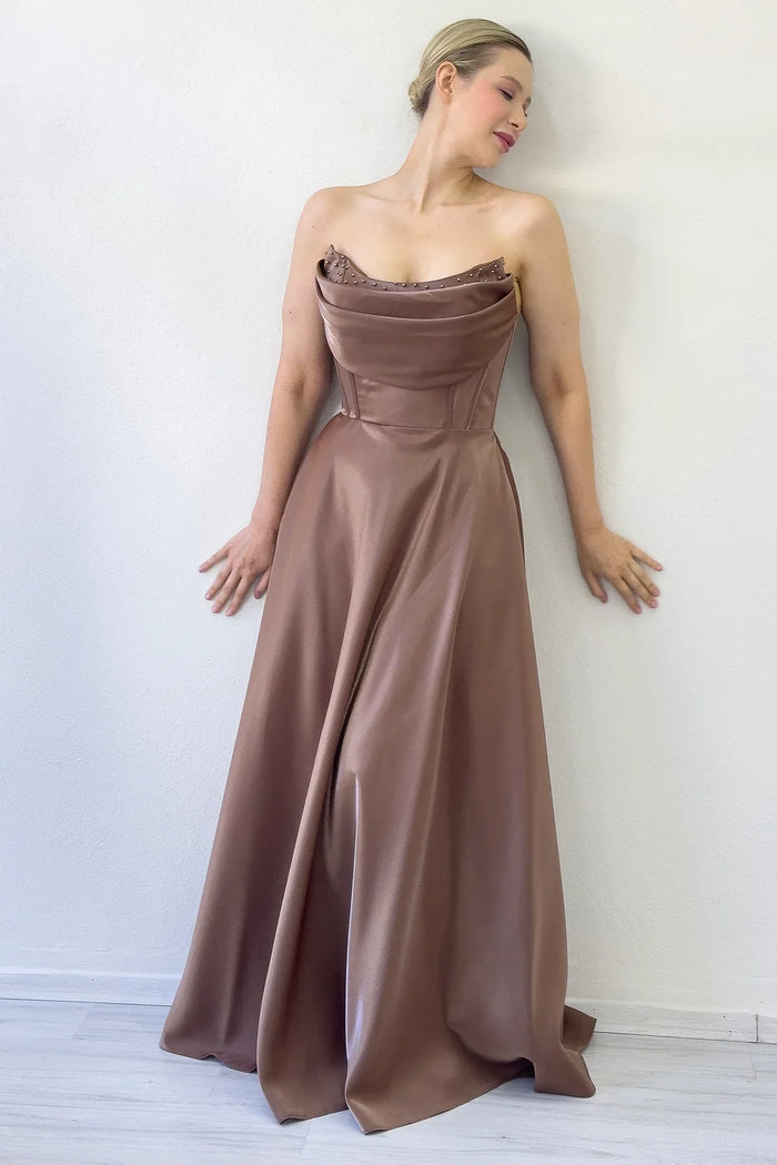 Taba Straplez Korse Detaylı Boncuklu Sırt Dekolteli Abiye Elbise