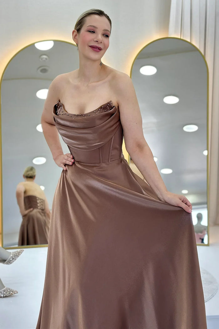 Taba Straplez Korse Detaylı Boncuklu Sırt Dekolteli Abiye Elbise