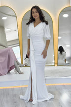 Beyaz Balon Kol Simli Drapeli Volan Detay Balık Abiye Elbise  