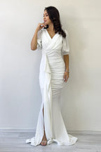 Beyaz Balon Kol Simli Drapeli Volan Detay Balık Abiye Elbise  