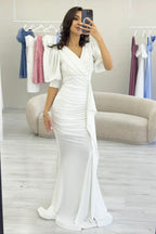 Beyaz Balon Kol Simli Drapeli Volan Detay Balık Abiye Elbise  