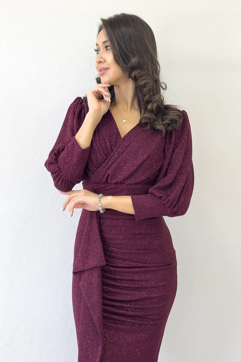 Bordo Balon Kol Simli Drapeli Volan Detay Balık Abiye Elbise  