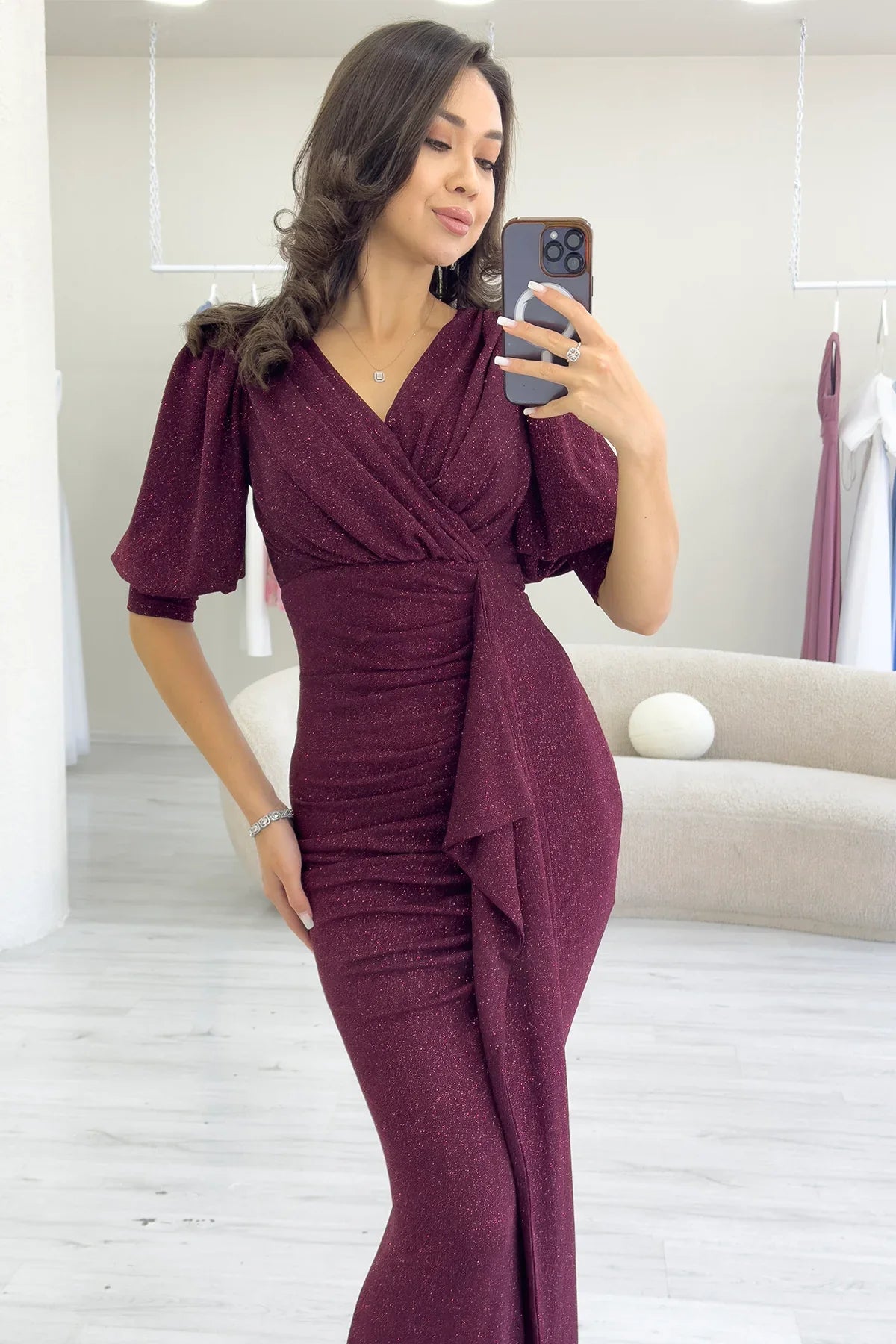 Bordo Balon Kol Simli Drapeli Volan Detay Balık Abiye Elbise  