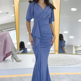 İndigo Balon Kol Simli Drapeli Volan Detay Balık Abiye Elbise