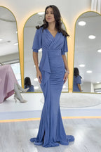 İndigo Balon Kol Simli Drapeli Volan Detay Balık Abiye Elbise