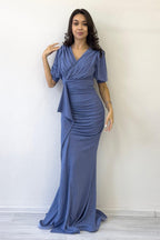 İndigo Balon Kol Simli Drapeli Volan Detay Balık Abiye Elbise