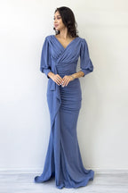 İndigo Balon Kol Simli Drapeli Volan Detay Balık Abiye Elbise