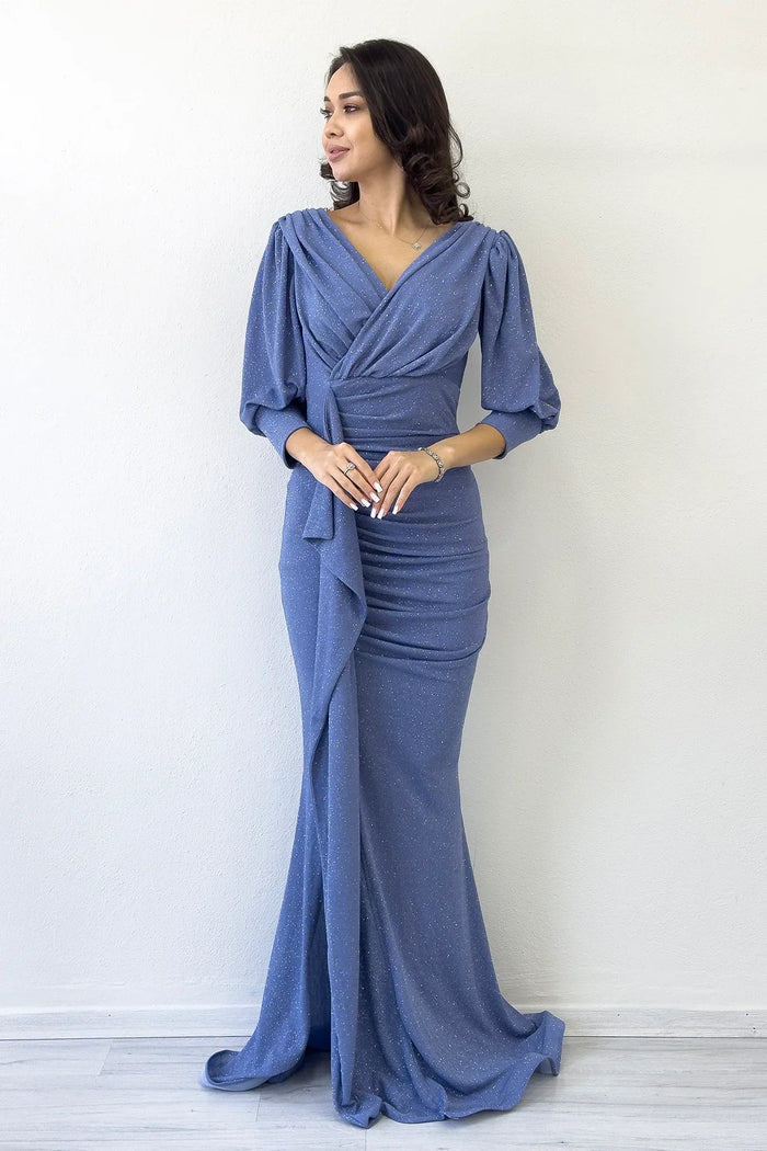 İndigo Balon Kol Simli Drapeli Volan Detay Balık Abiye Elbise