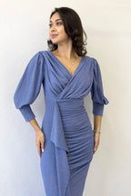 İndigo Balon Kol Simli Drapeli Volan Detay Balık Abiye Elbise