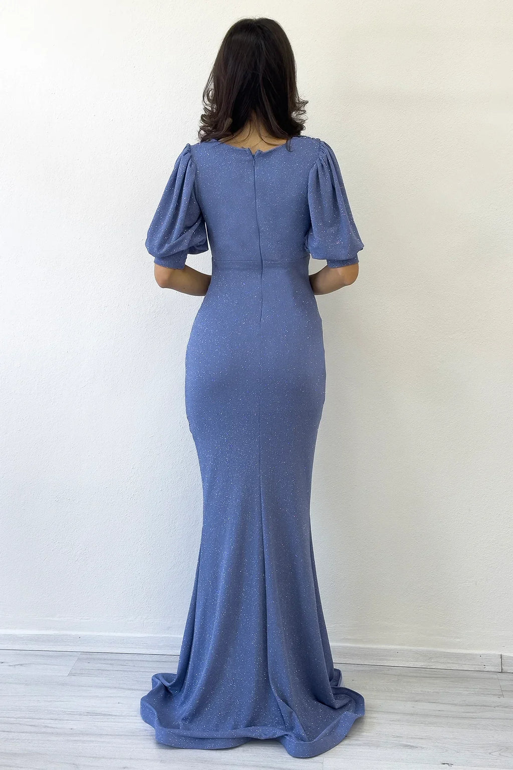 İndigo Balon Kol Simli Drapeli Volan Detay Balık Abiye Elbise