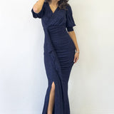 Lacivert Balon Kol Simli Drapeli Volan Detay Balık Abiye Elbise