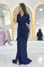 Lacivert Balon Kol Simli Drapeli Volan Detay Balık Abiye Elbise