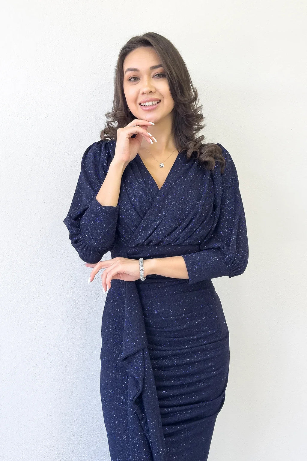 Lacivert Balon Kol Simli Drapeli Volan Detay Balık Abiye Elbise